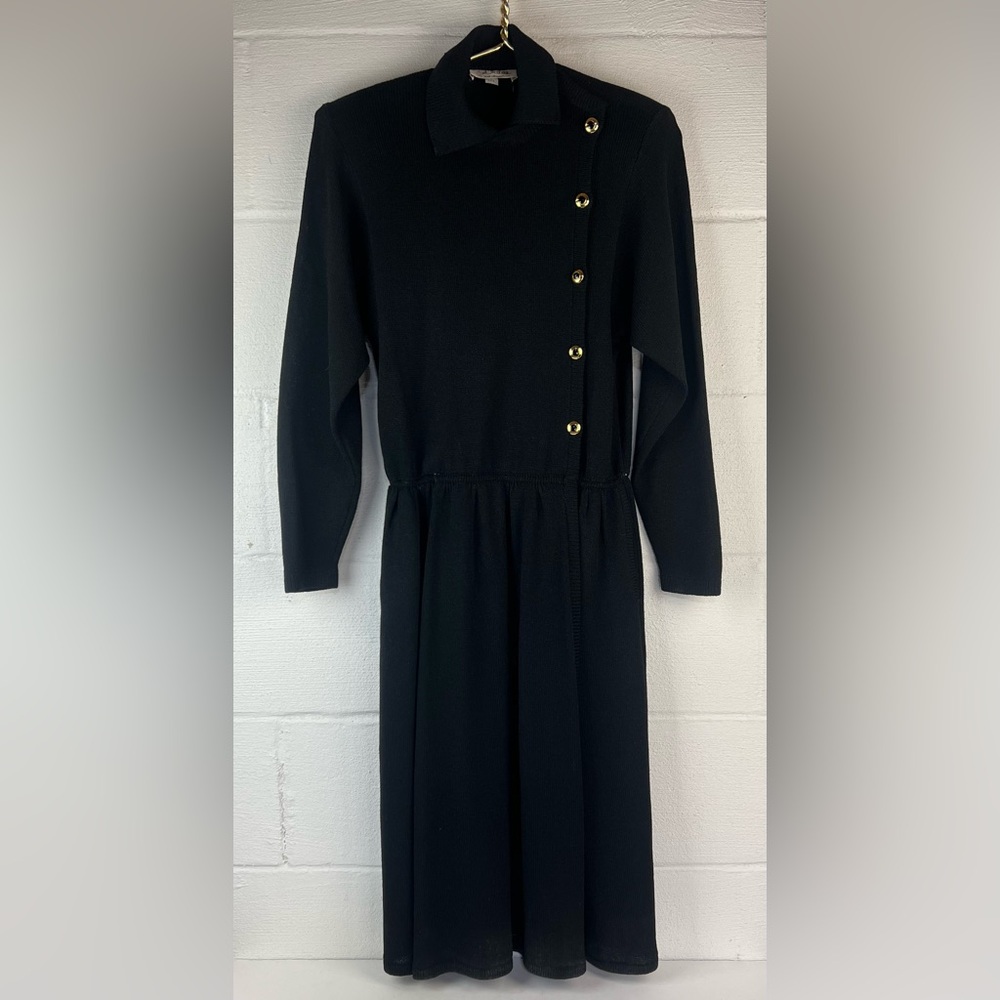 St John Black Knit Faux Wrap Dress, 2